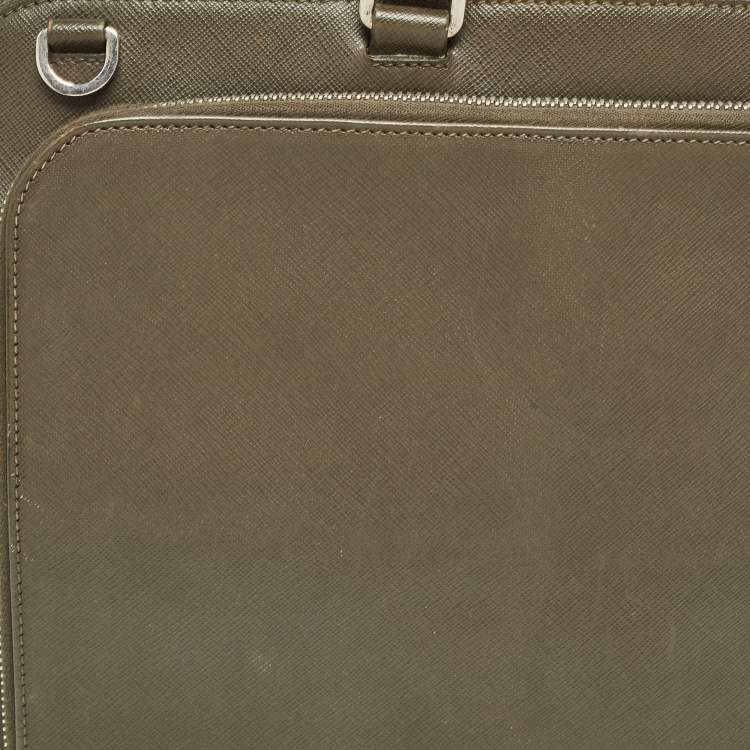 Pre Owned Prada Olive Green Saffiano Lux Leather Front Pocket Briefcase Bag