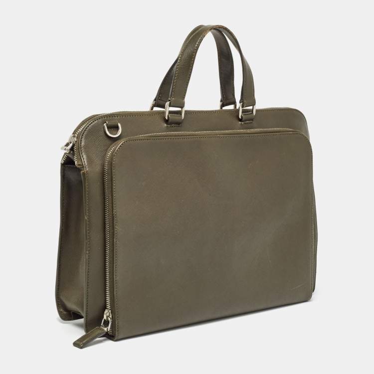 Pre Owned Prada Olive Green Saffiano Lux Leather Front Pocket Briefcase Bag
