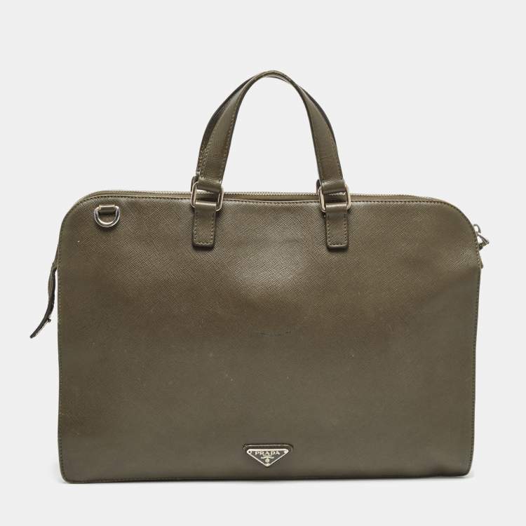Pre Owned Prada Olive Green Saffiano Lux Leather Front Pocket Briefcase Bag