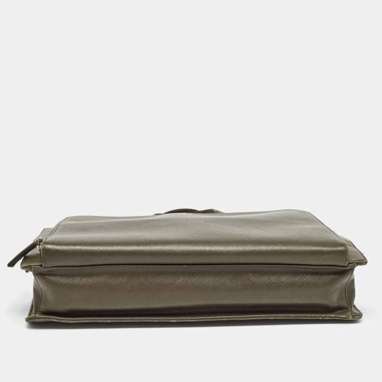 Pre Owned Prada Olive Green Saffiano Lux Leather Front Pocket Briefcase Bag