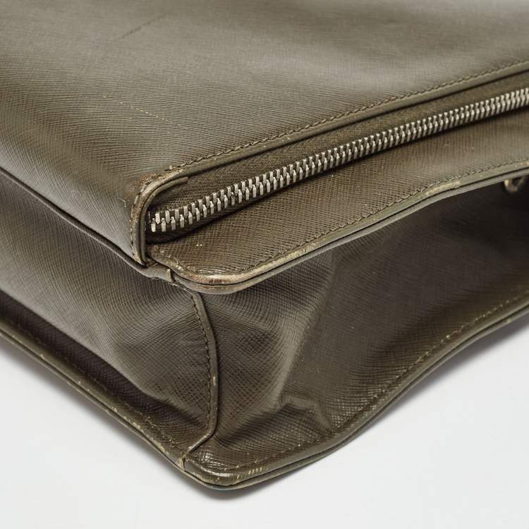 Pre Owned Prada Olive Green Saffiano Lux Leather Front Pocket Briefcase Bag