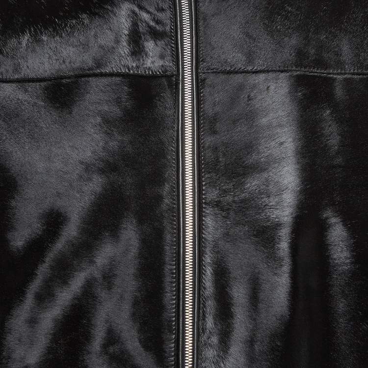 Pre Owned Prada Black Fur & Leather Insulated Biker Zip-Up Jacket XL