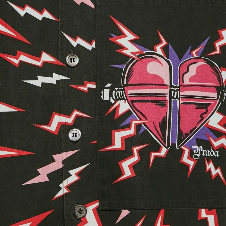 Pre Owned Prada Black Lightning Bolt Print Cotton Bowling Shirt M