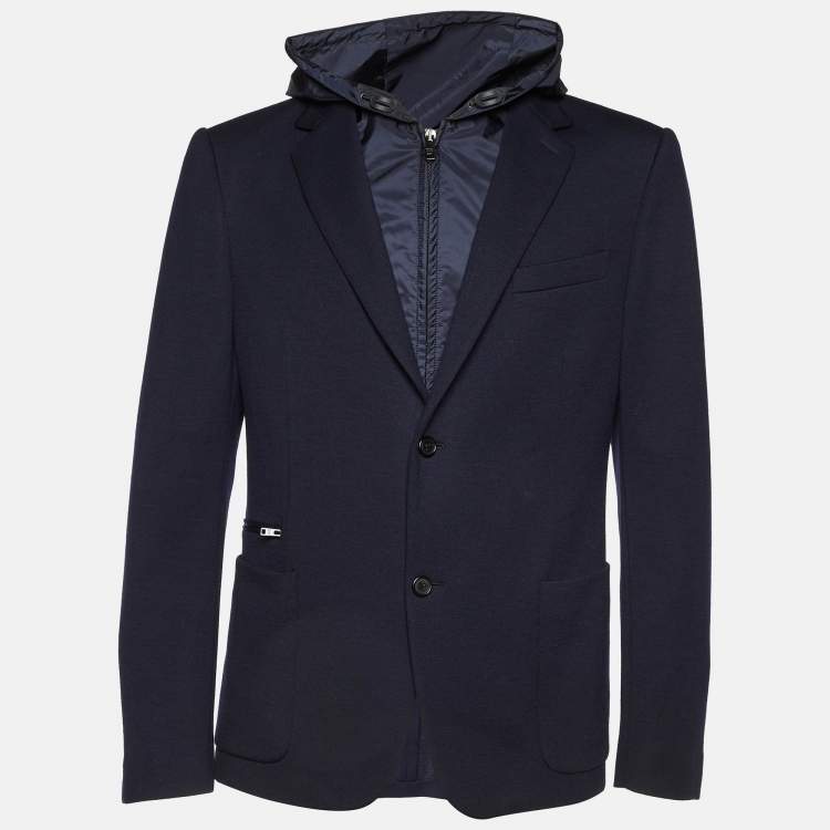 Pre Owned Prada Navy Blue Wool Knit Detachable Hood Jacket XL