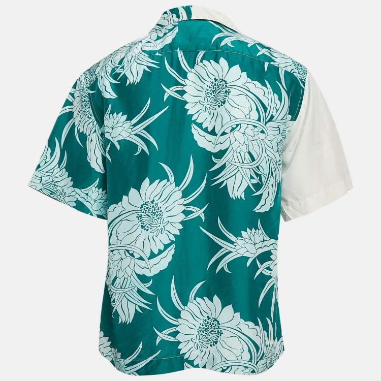 Pre Owned Prada White/Green Floral Print Silk Double Match Bowling Shirt S