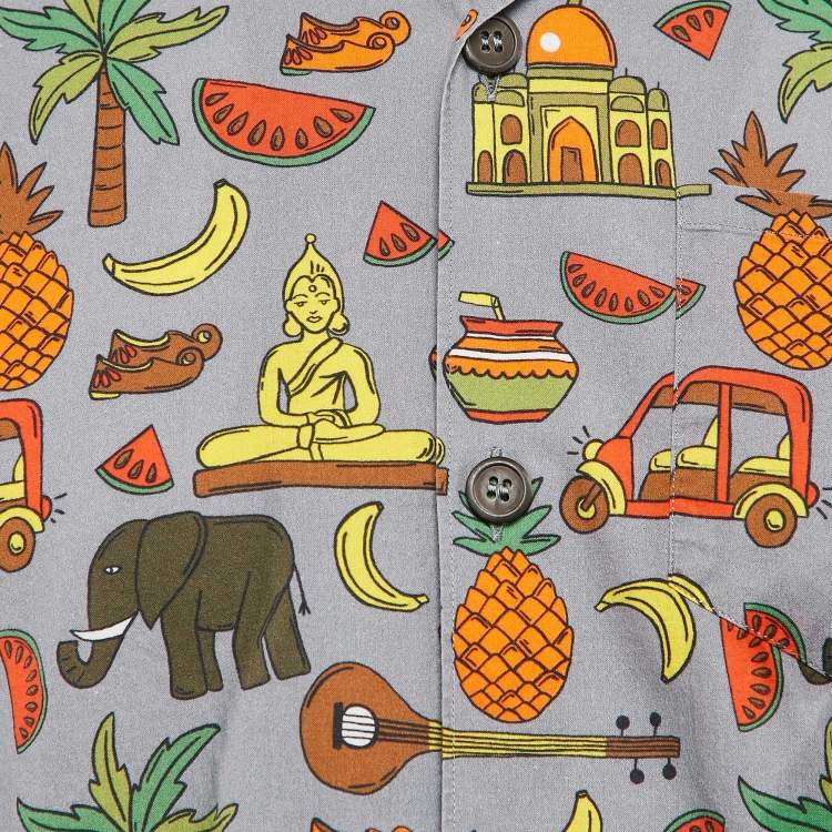 Pre Owned Prada Grey/Multicolor Printed Cotton Bowling Shirt M