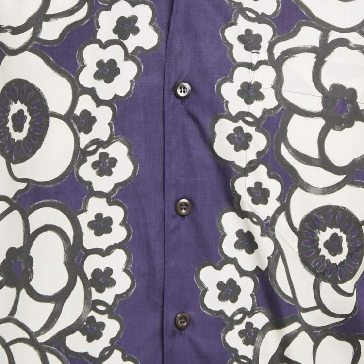 Pre Owned Prada Blue Floral Print Cotton Short Sleeve Shirt M