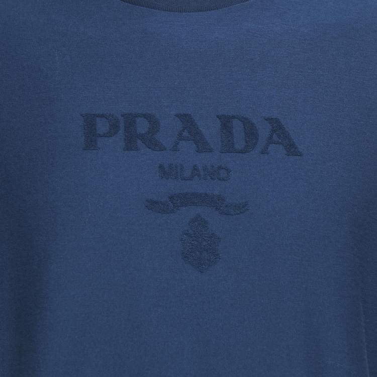 مملوكة مسبقًا Prada Blue Logo Embossed Jersey Crewneck T-Shirt S