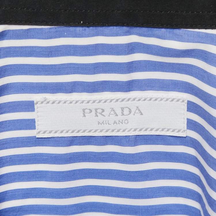 Pre Owned Prada Blue Comic Print Striped Cotton Short Sleeve Shirt M
