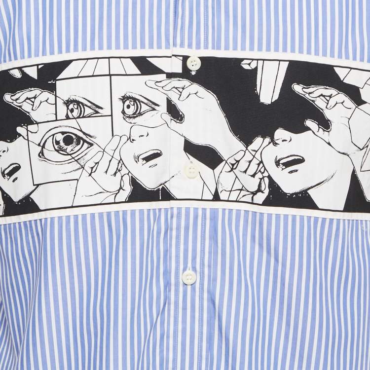 Pre Owned Prada Blue Comic Print Striped Cotton Short Sleeve Shirt M