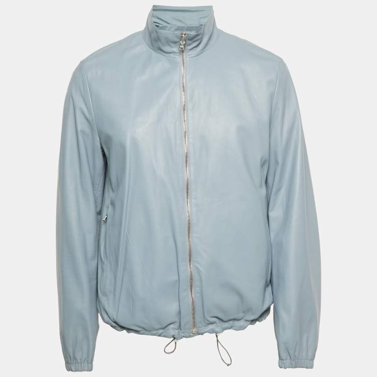 Pre Owned Prada Powder Blue Leather & Nylon Triangle Logo Reversible Jacket L
