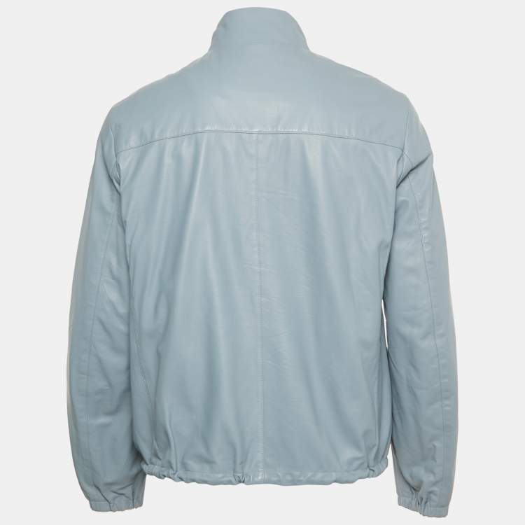Pre Owned Prada Powder Blue Leather & Nylon Triangle Logo Reversible Jacket L
