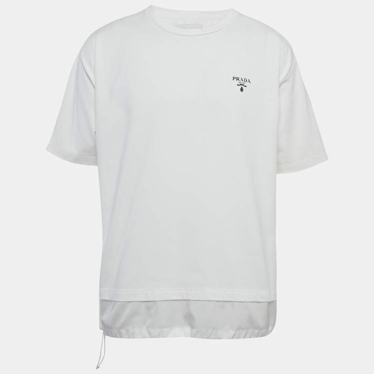 Pre Owned Prada White Logo Print Nylon Trim Jersey T-Shirt XL 