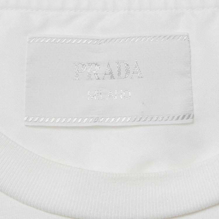 Pre Owned Prada White Logo Print Nylon Trim Jersey T-Shirt XL 