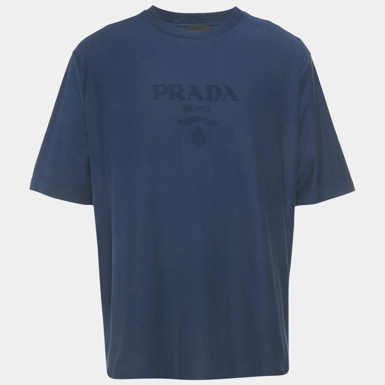 Pre Owned Prada Blue Logo Embossed Jersey Crewneck T-Shirt XL
