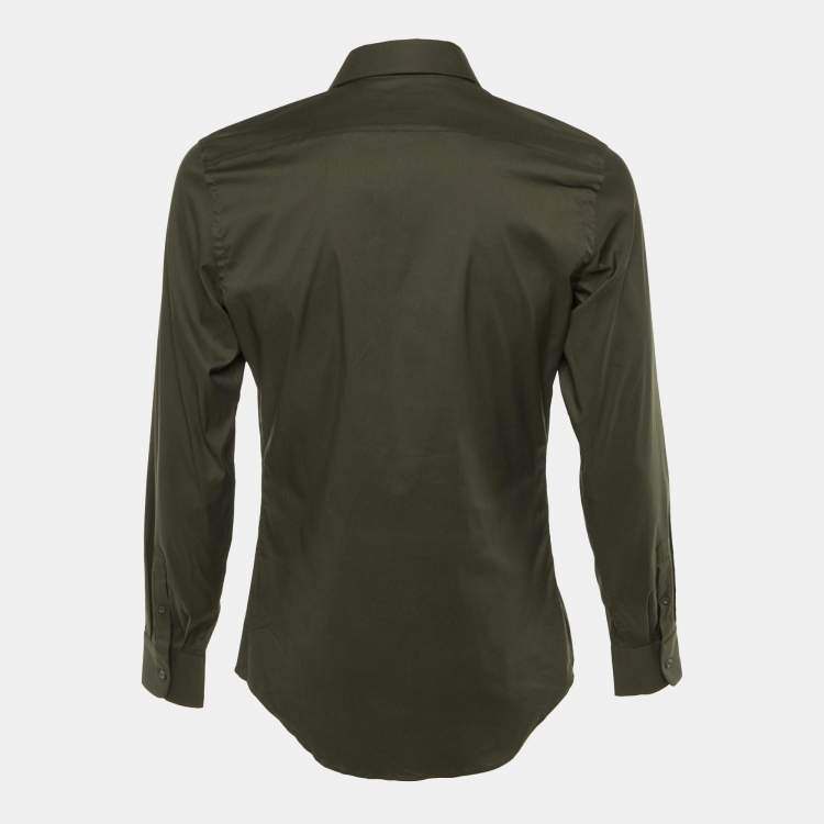 Pre Owned Prada Olive Green Cotton Blend Logo Detail Full Sleeve Shirt M