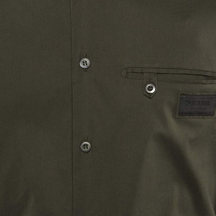 Pre Owned Prada Olive Green Cotton Blend Logo Detail Full Sleeve Shirt M