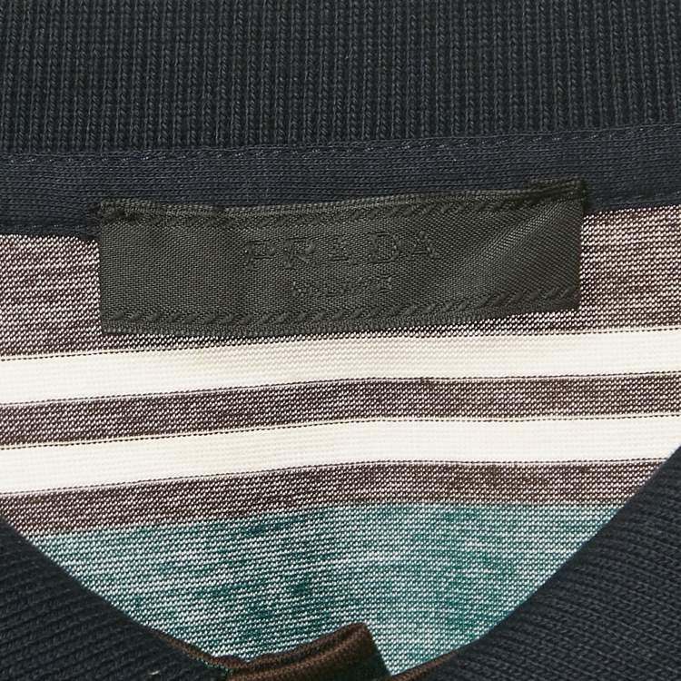 Pre Owned Prada Green Striped Logo Embroidered Cotton Polo Shirt XL