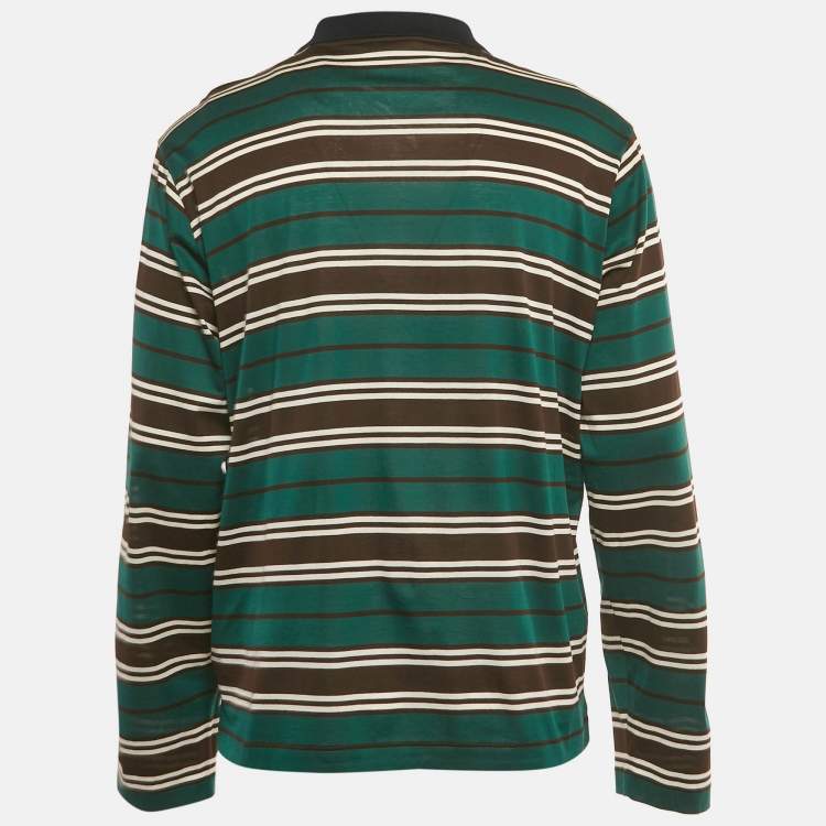 Pre Owned Prada Green Striped Logo Embroidered Cotton Polo Shirt XL