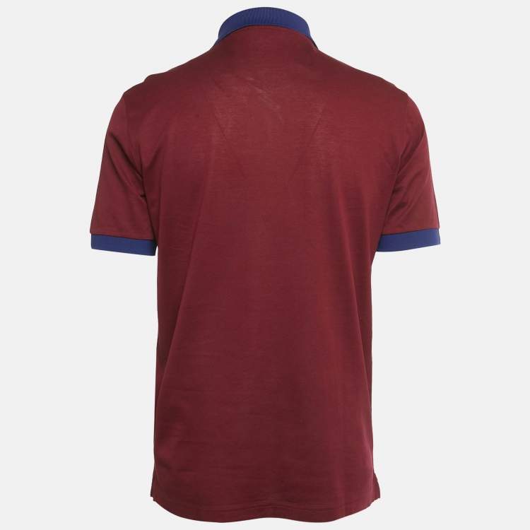 Pre Owned Prada Burgundy & Blue Cotton Triangle Logo Applique Two Tone Polo T-Shirt XXL