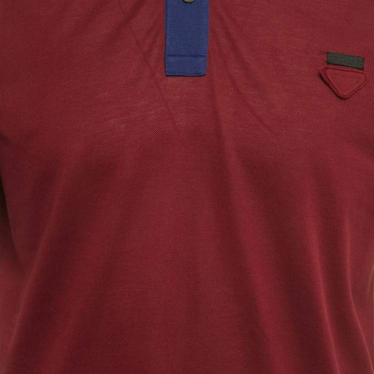 Pre Owned Prada Burgundy & Blue Cotton Triangle Logo Applique Two Tone Polo T-Shirt XXL