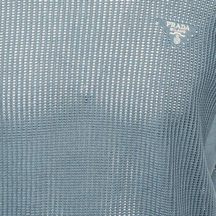 Pre Owned Prada Slate Blue Logo Embroidered Open Knit T-Shirt S