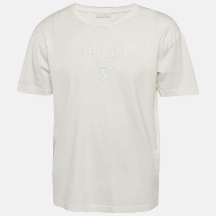 Pre Owned Prada White Cotton Knit Logo Detail T-Shirt L