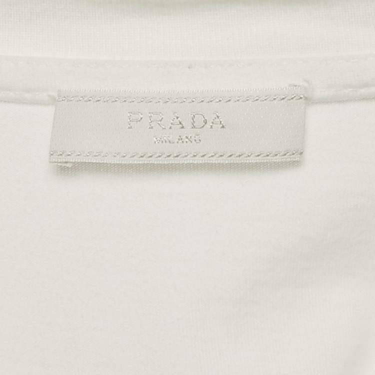 Pre Owned Prada White Cotton Knit Logo Detail T-Shirt L
