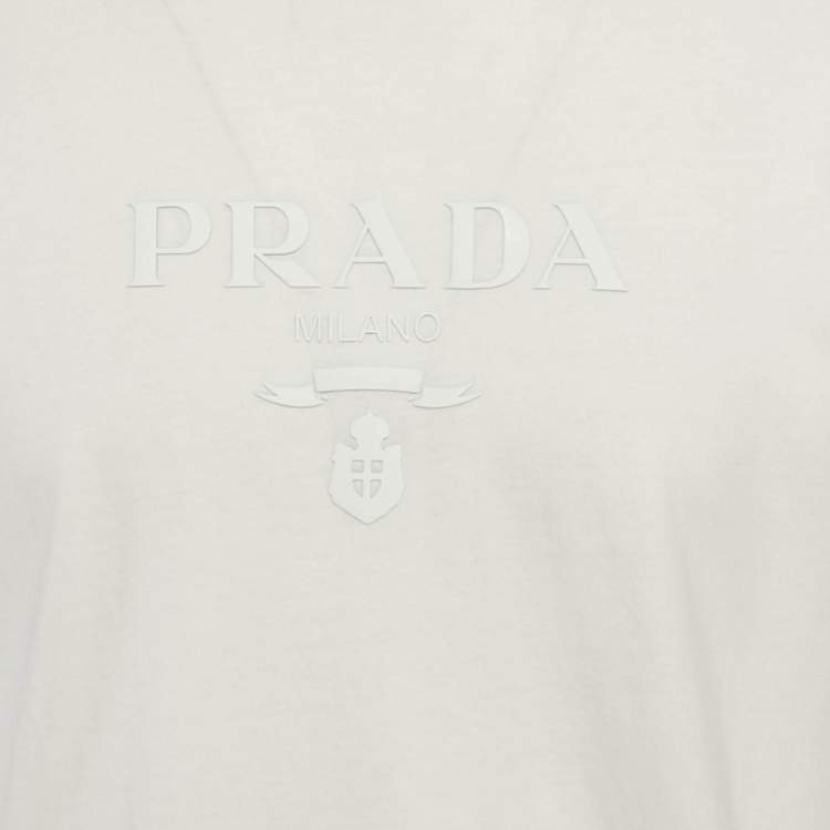 Pre Owned Prada White Cotton Knit Logo Detail T-Shirt L