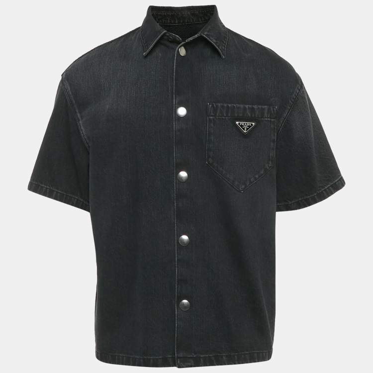 Pre Owned Prada Black Faded Denim Logo Plaque Short Sleeve Shirt XS