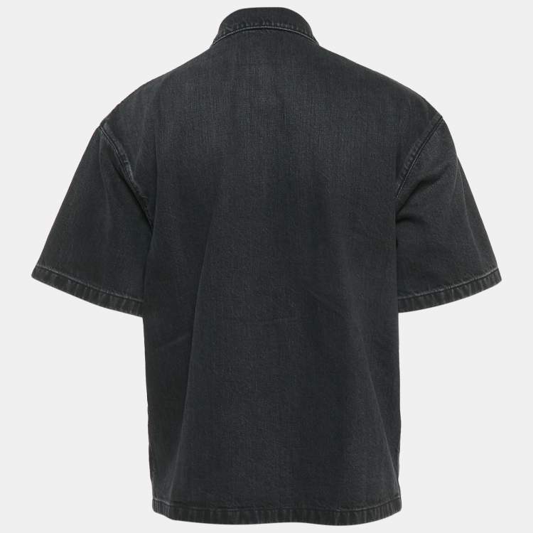 Pre Owned Prada Black Faded Denim Logo Plaque Short Sleeve Shirt XS