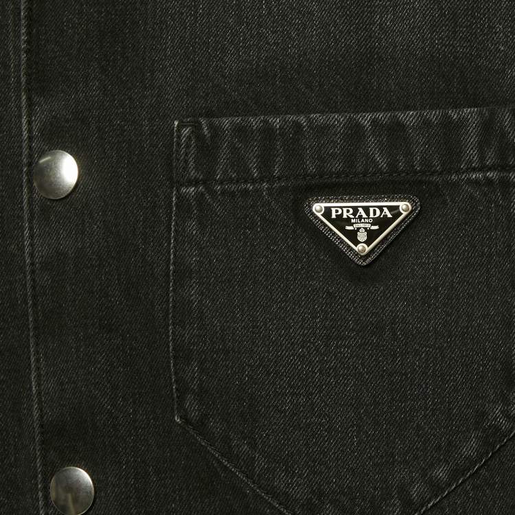 Pre Owned Prada Black Faded Denim Logo Plaque Short Sleeve Shirt XS