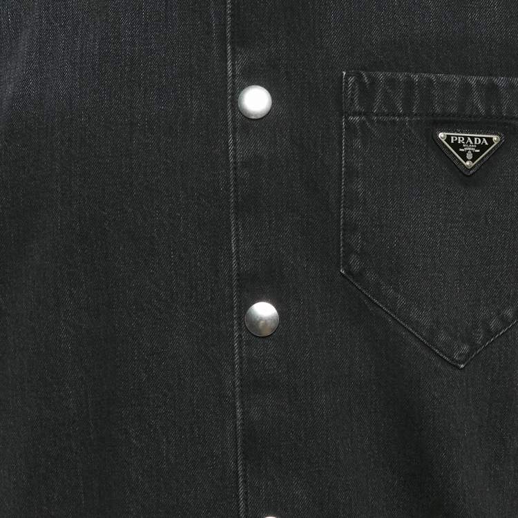 Pre Owned Prada Black Faded Denim Logo Plaque Short Sleeve Shirt XS