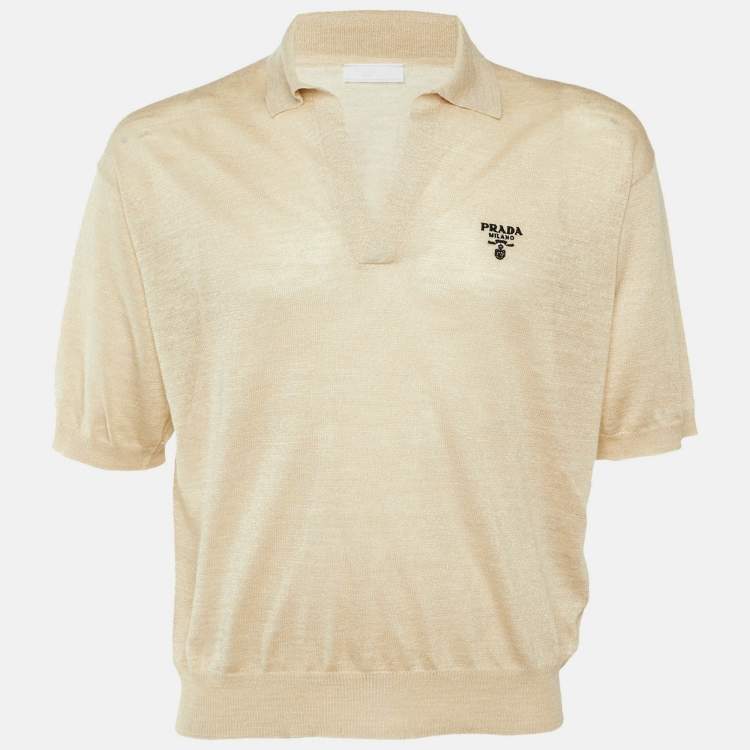 Pre Owned Prada Beige Melange Silk & Linen Knit Polo T-Shirt S