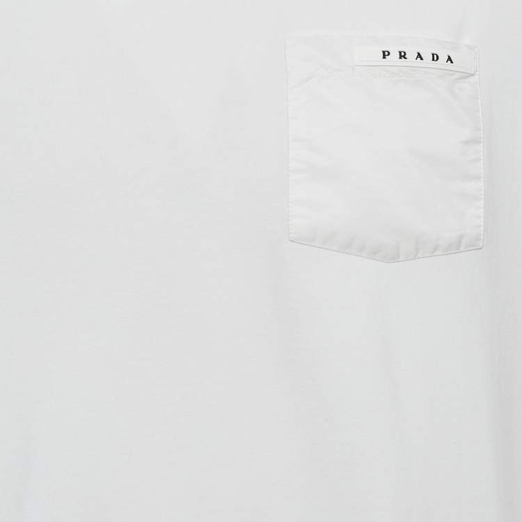 مملوكة مسبقًا Prada White Cotton Knit Pocket Logo Detail T-Shirt L
