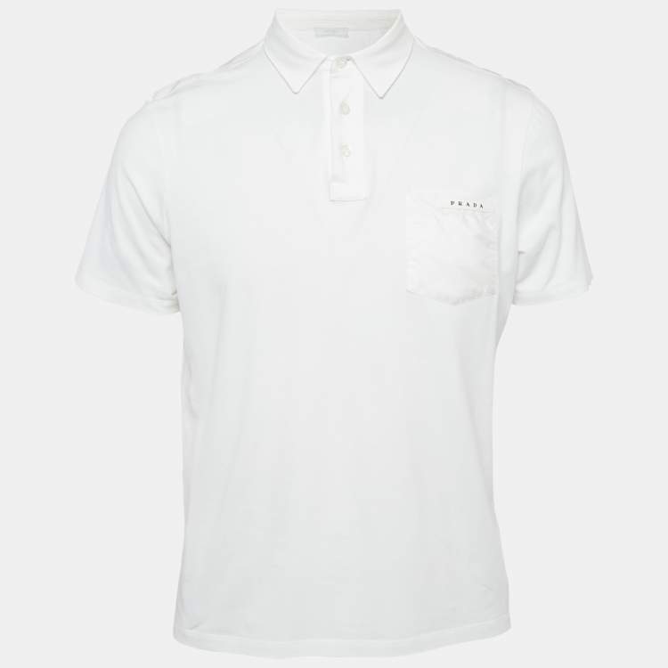 مملوكة مسبقًا Prada White Cotton Knit Logo Detail Polo T-Shirt L