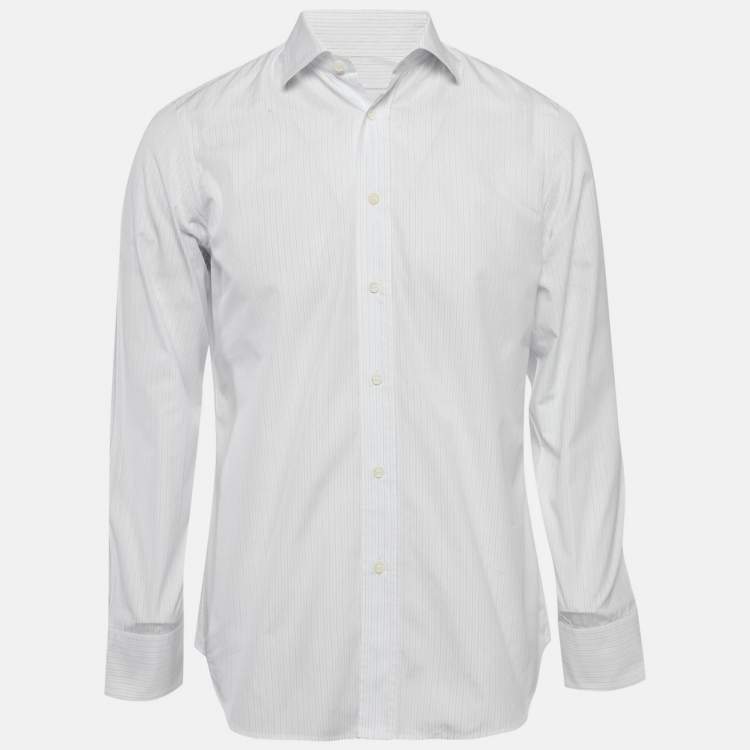 Pre Owned Prada White/Blue Pinstriped Poplin Shirt L