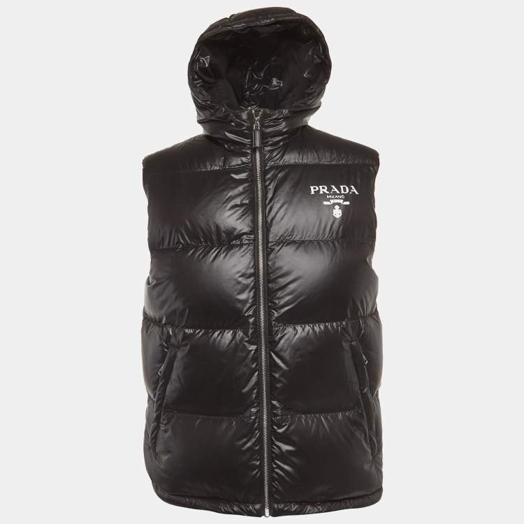 Pre Owned Prada Black Logo Print Nylon Puffer Down Gilet S