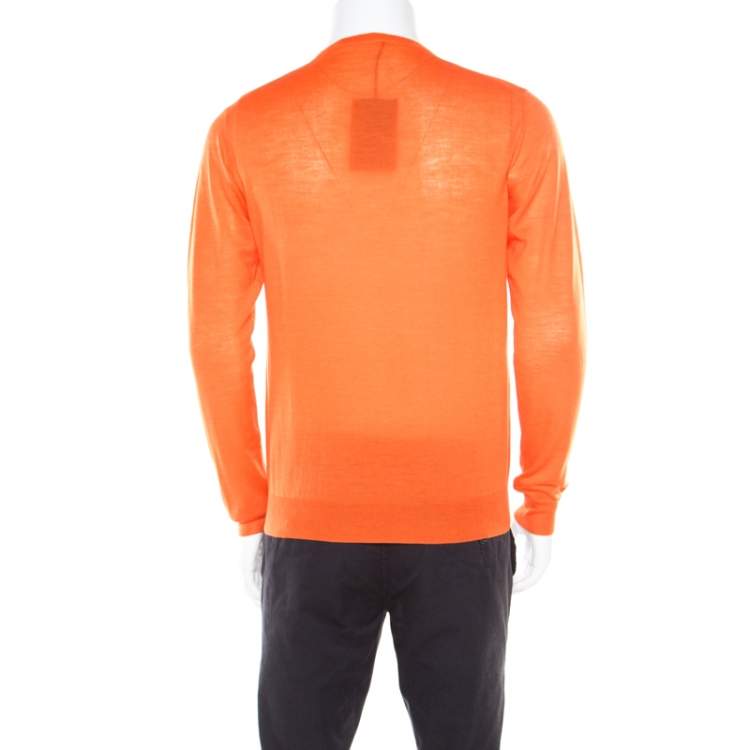 Pre Owned Prada Arancio Orange Rib Knit Crew Neck Sweater L