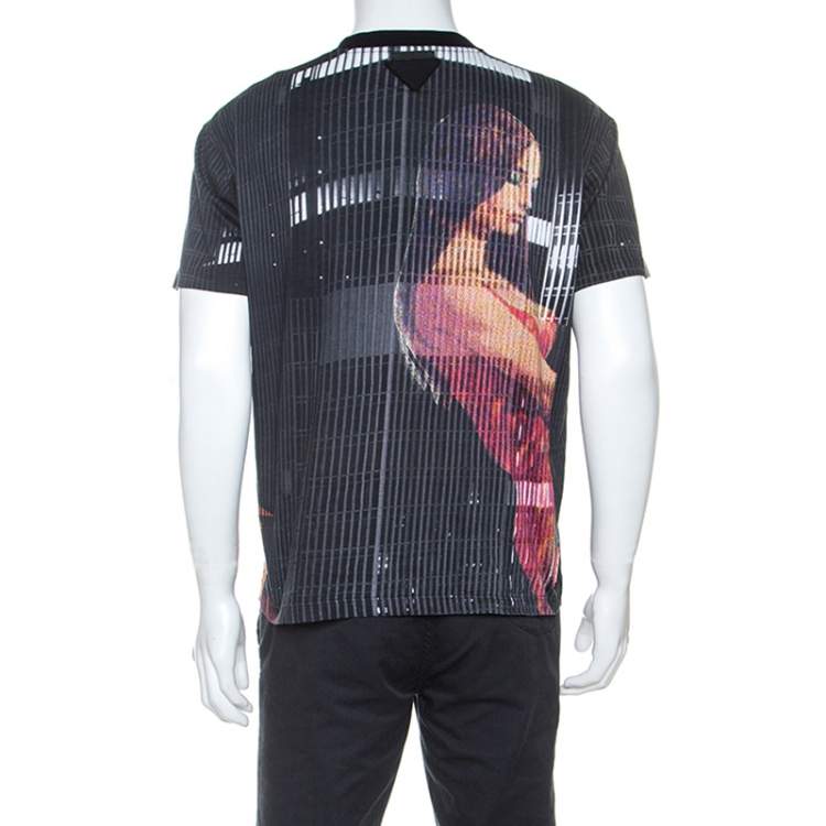 Pre Owned Prada Dark Grey Printed Cotton Crew Neck T-Shirt XL
