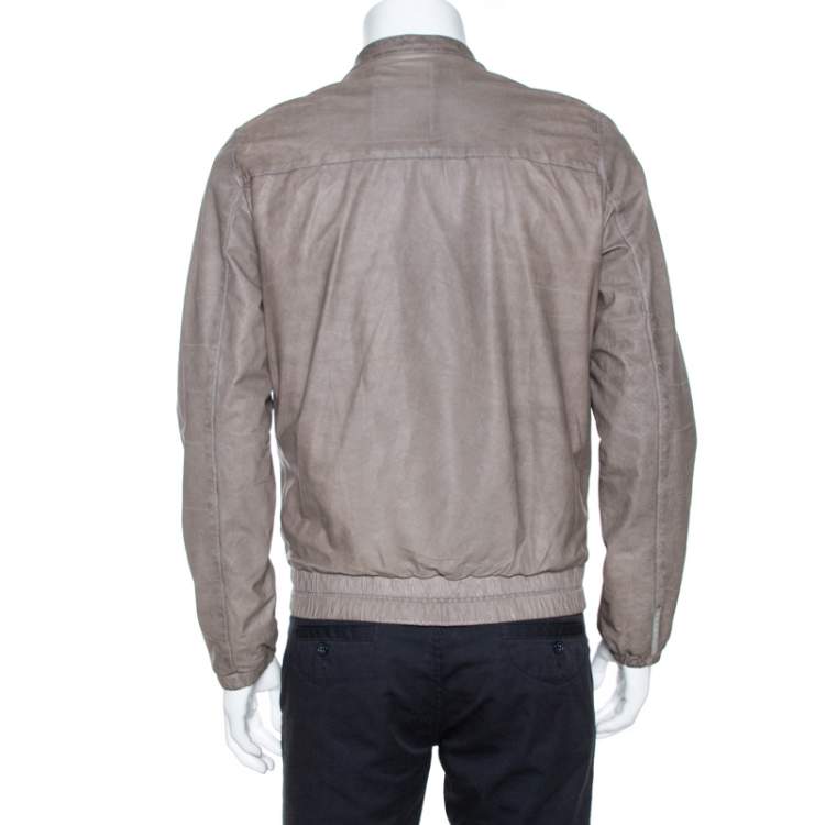 Pre Owned Prada Grey Leather Zip Front Bomber Jacket L