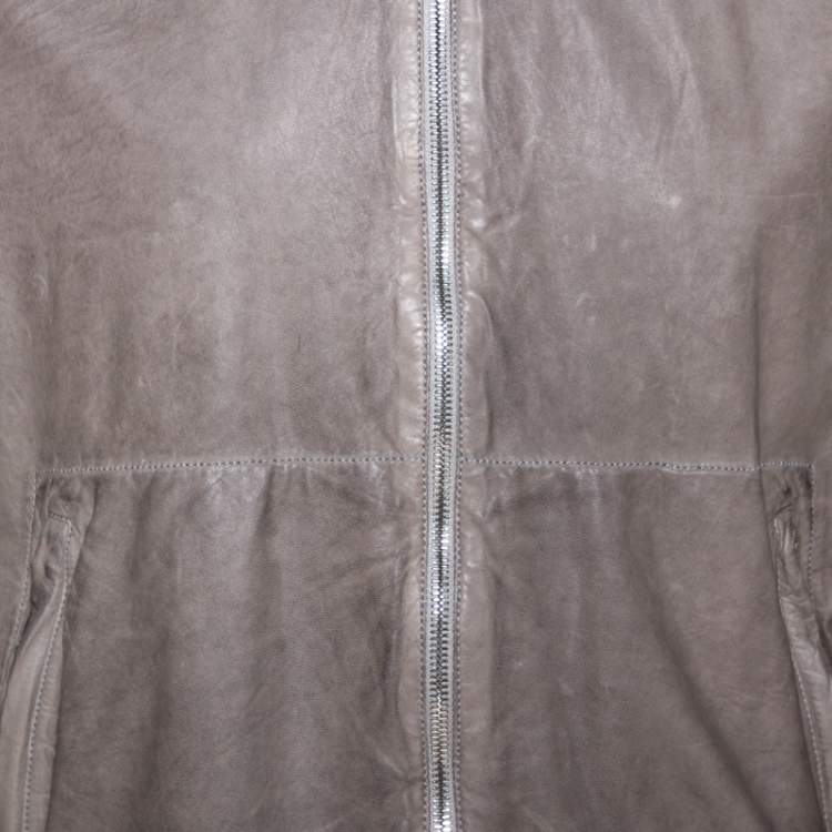 Pre Owned Prada Grey Leather Zip Front Bomber Jacket L