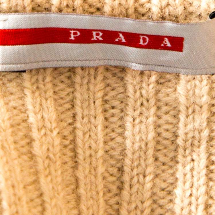 Pre Owned Prada Cream Rib Knit Zip Front Sweater M