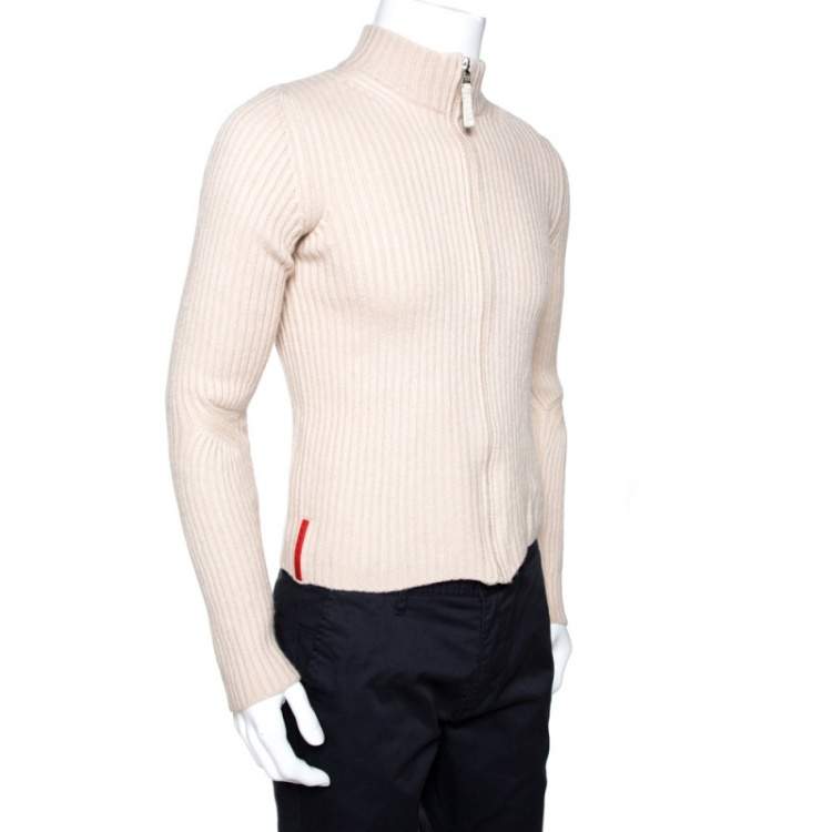 Pre Owned Prada Cream Rib Knit Zip Front Sweater M