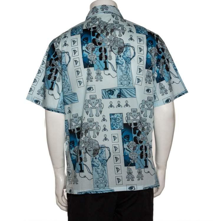 Pre Owned Prada Blue Cotton Robot Print Short Sleeve Shirt XL