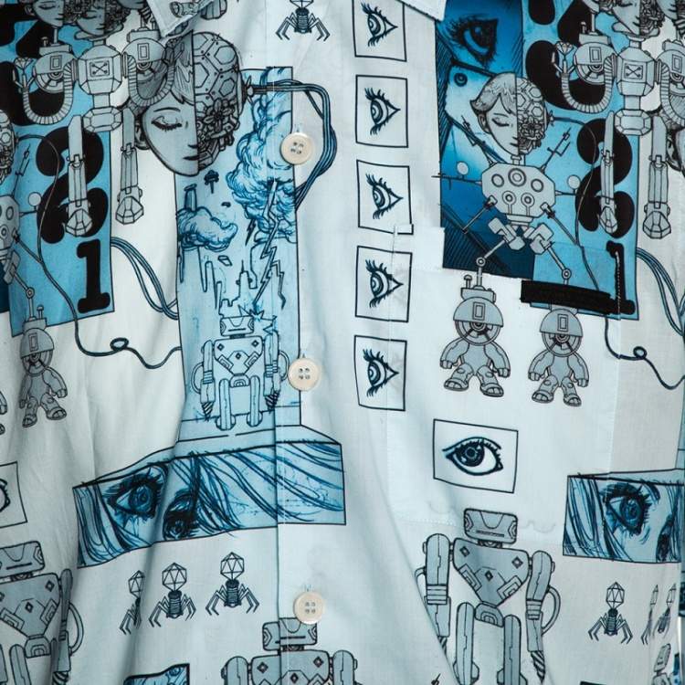 Pre Owned Prada Blue Cotton Robot Print Short Sleeve Shirt XL