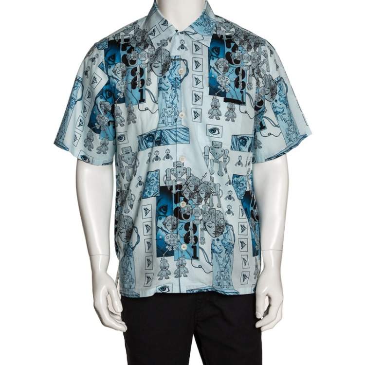 Prada Blue Cotton Robot Print Short Sleeve Shirt XL Prada | TLC