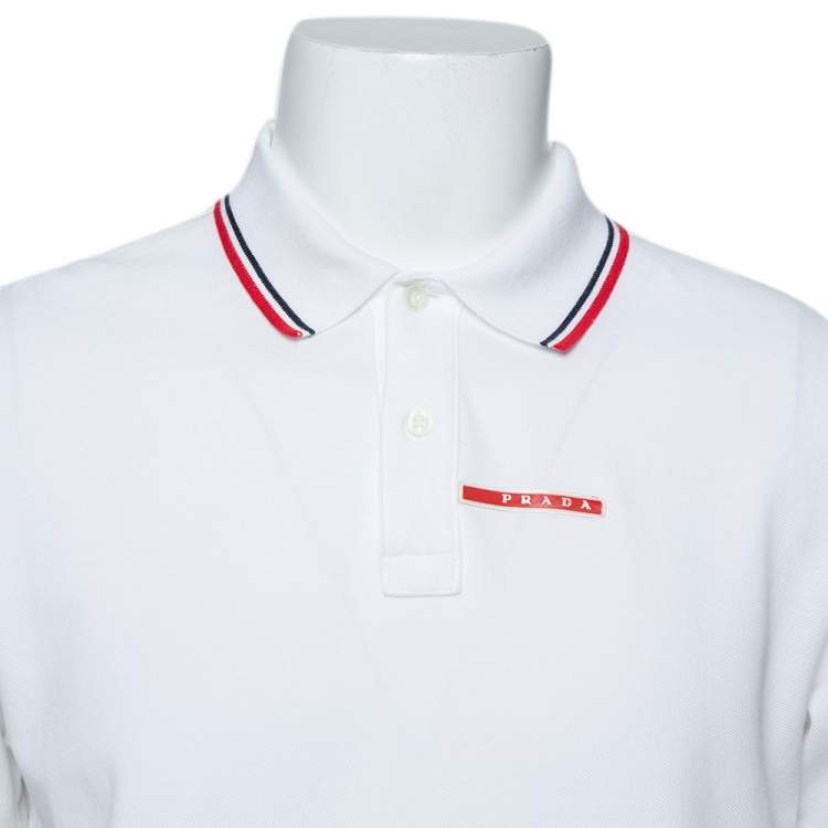 Pre Owned Prada White Cotton Pique Stripe Detail Polo T-Shirt XXL