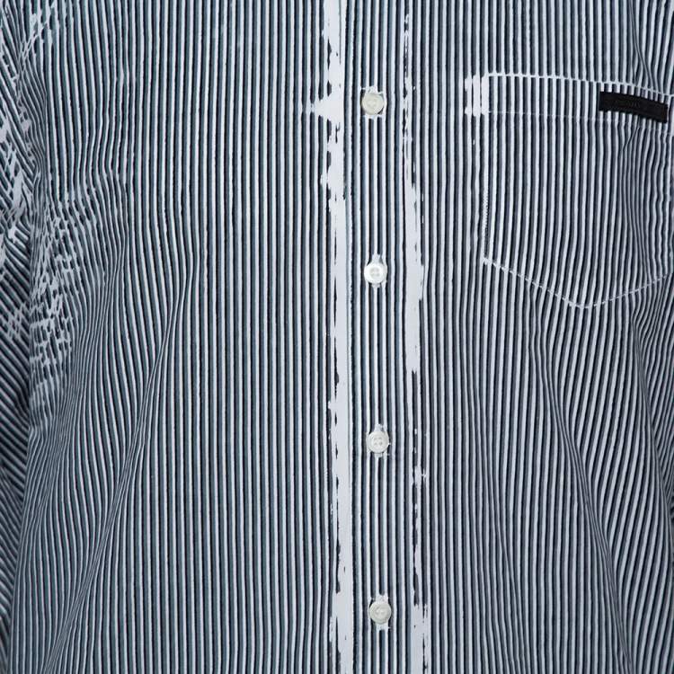 Pre Owned Prada White & Grey Stripe Print Cotton Long Sleeve Shirt XXL