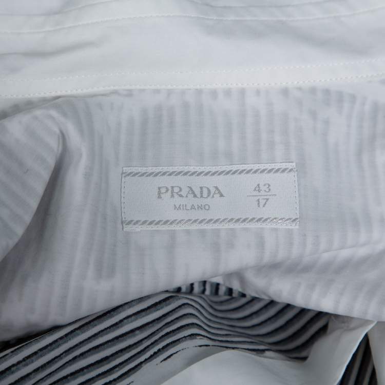 Pre Owned Prada White & Grey Stripe Print Cotton Long Sleeve Shirt XXL